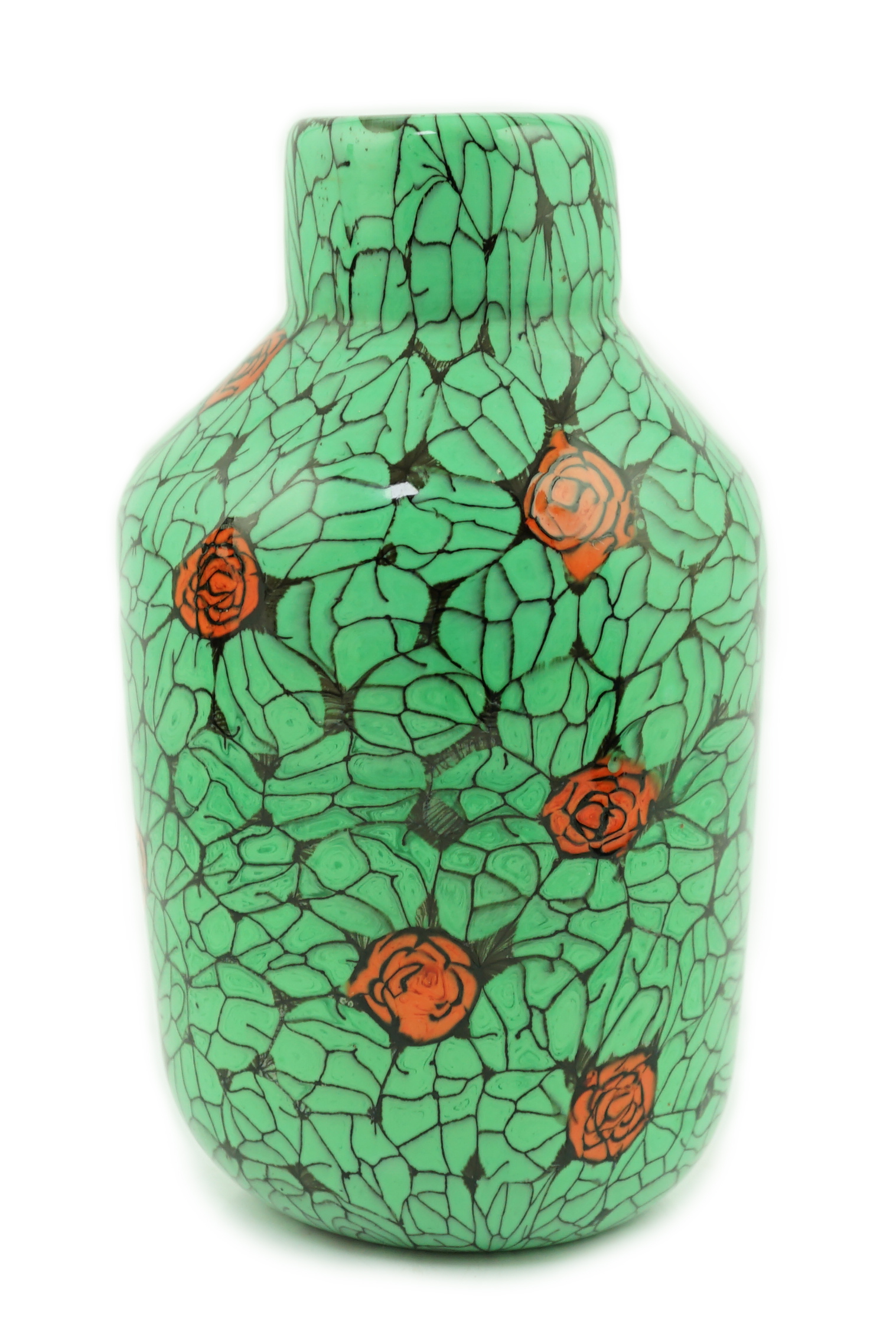 Vittorio Ferro (1932-2012) A Murano glass Murrine vase, with green leaves and red rose buds, signed, 19cms, Please note this lot attracts an additional import tax of 20% on the hammer price